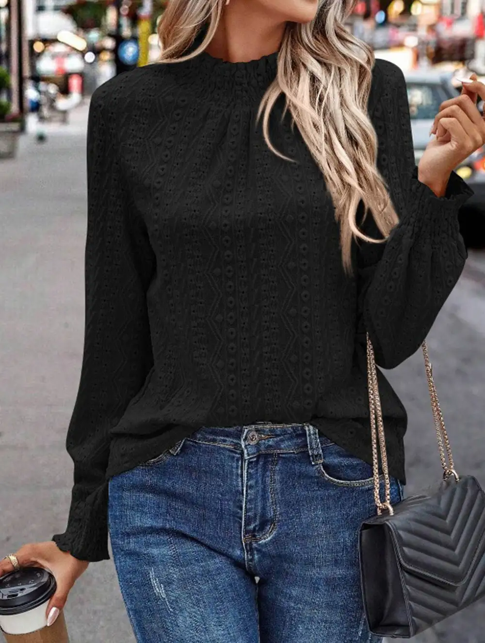 Jacquard Crew Neck Long Sleeve Tee