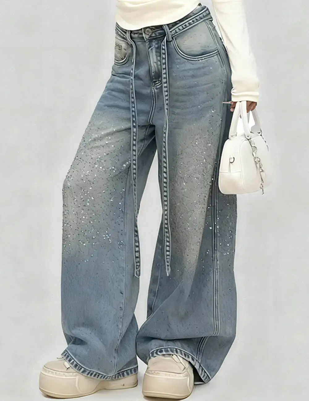Vintage Rhinestone Jeans Fleece Lining Denim Pants