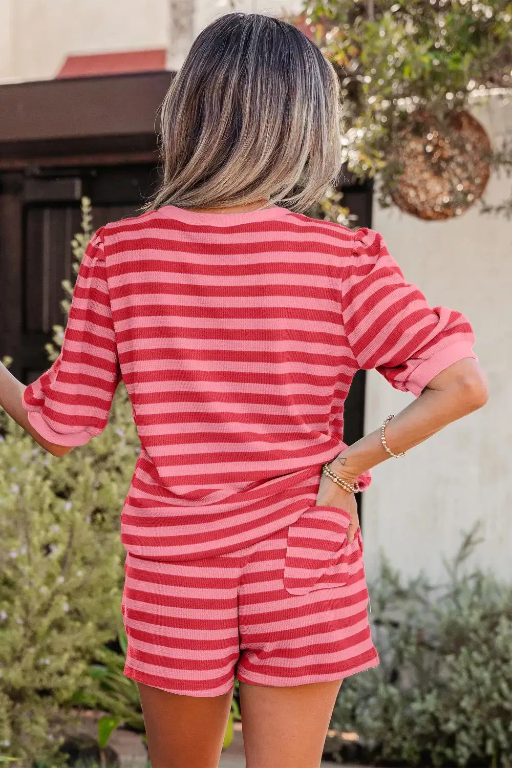 Textured Striped Round Neck Top Shorts Set