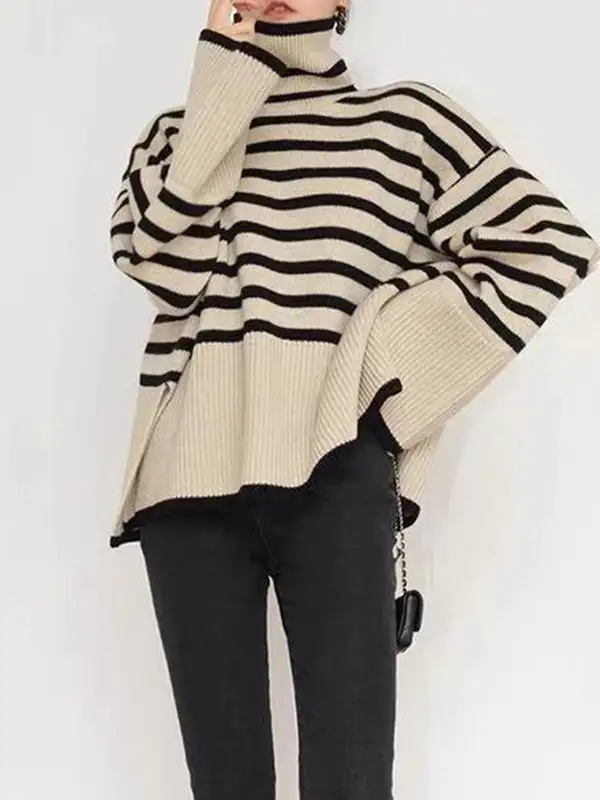 Striped Split Hem Paneled High Neck Long Sleeve Relaxed Fit Sweater