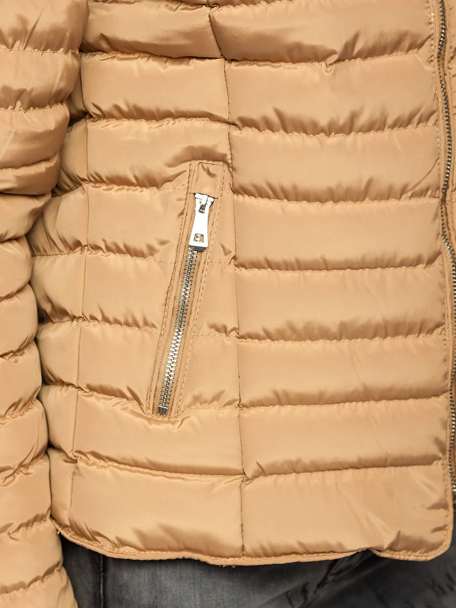 Women's Brown Quilted Winter Jacket Without Hood