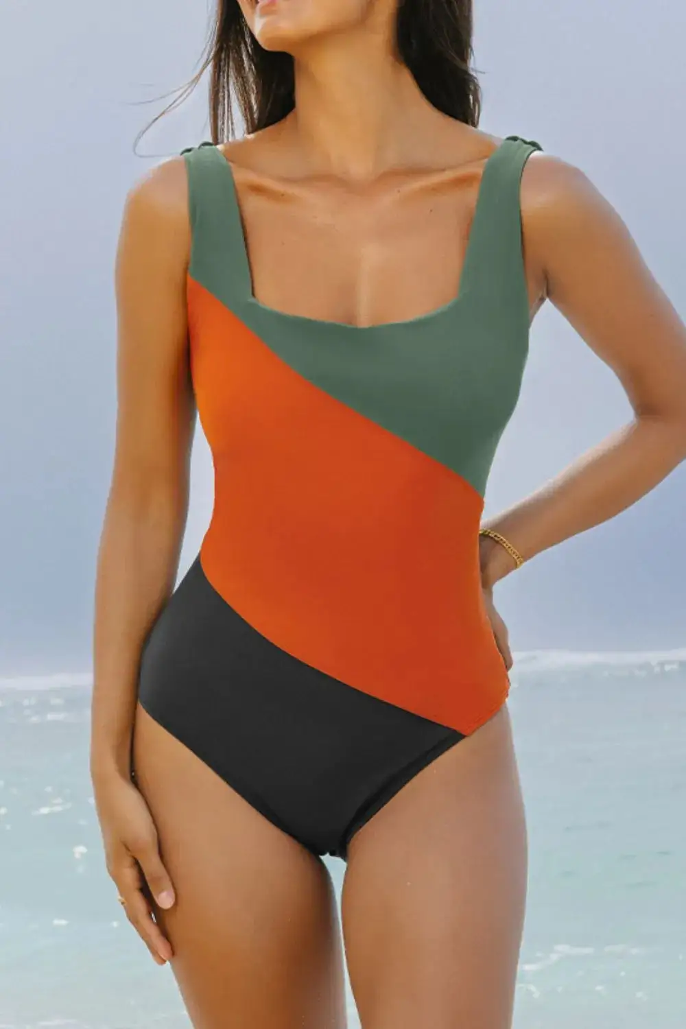 Blocked Pattern Padded Square Neck One Swimsuit