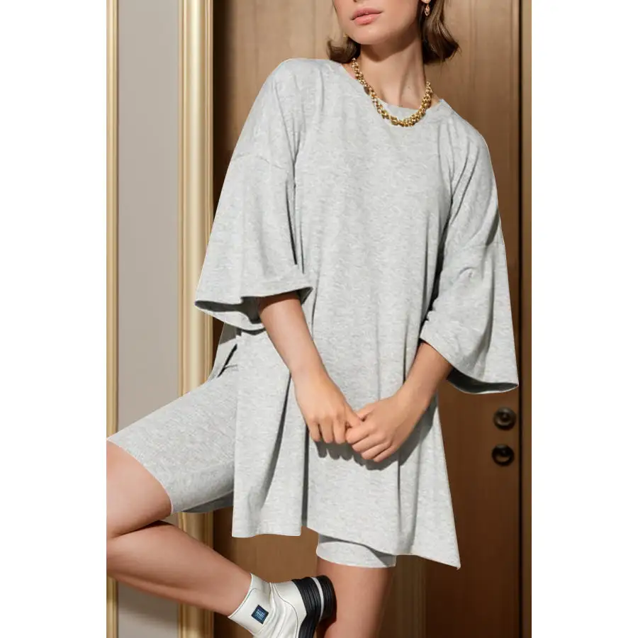 Slit Round Neck Top and Shorts Set