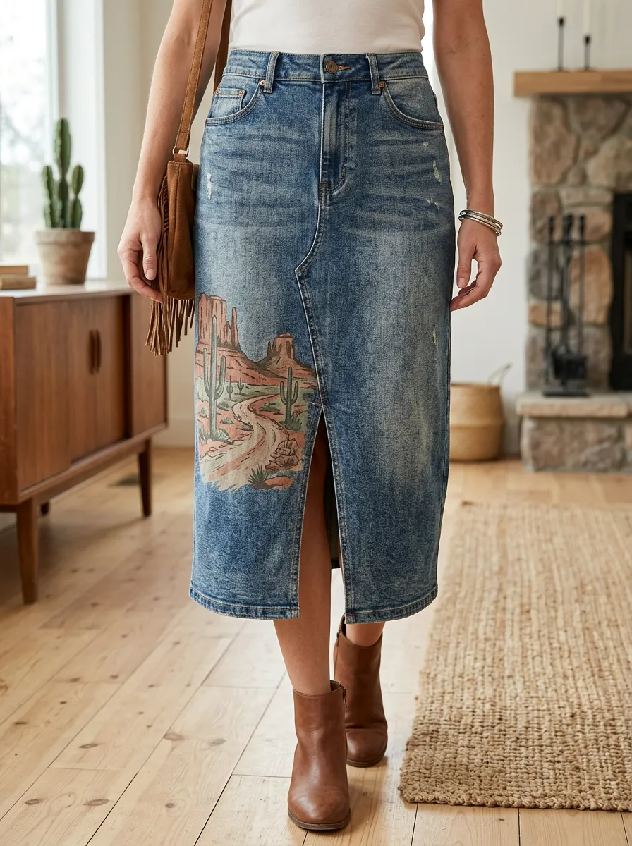 Women's Ranch Desert Print Denim Midi Skirt