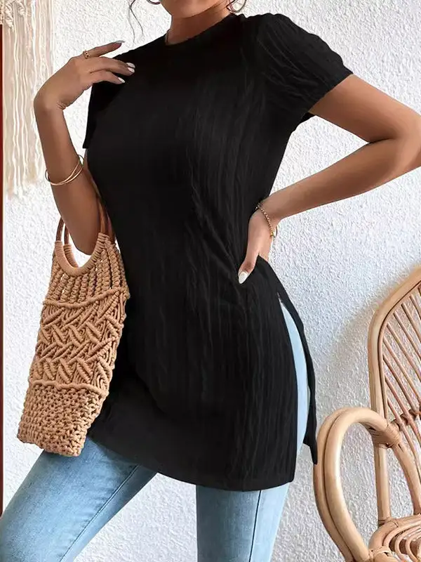 Short Sleeve Pleat Detail Panel Detail Side Slit Round Neck T-Shirt