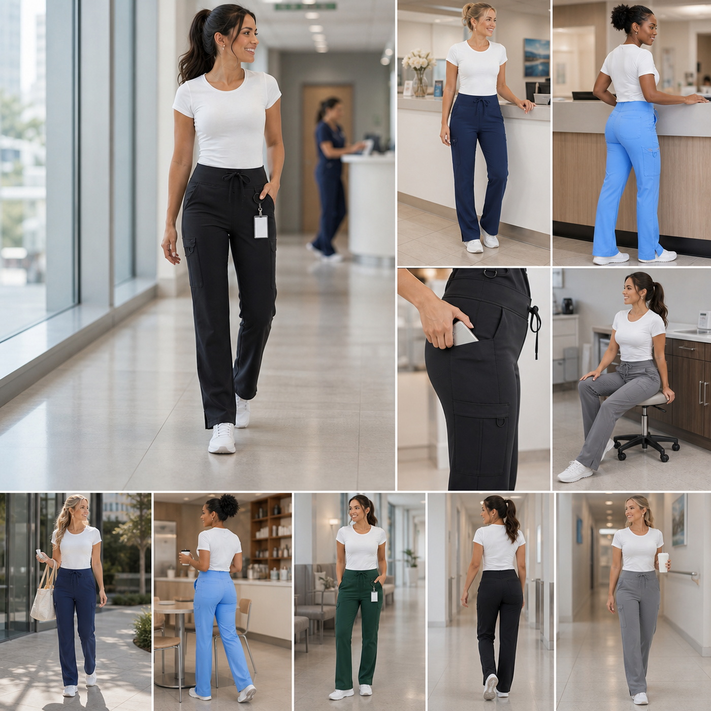 Multi-view display for high-rise stretch scrub cargo pants