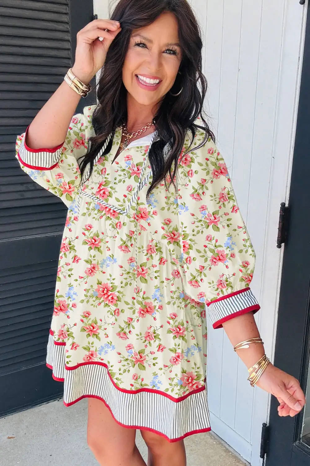 Relaxed Shape Floral Striped Puff Sleeve Dress