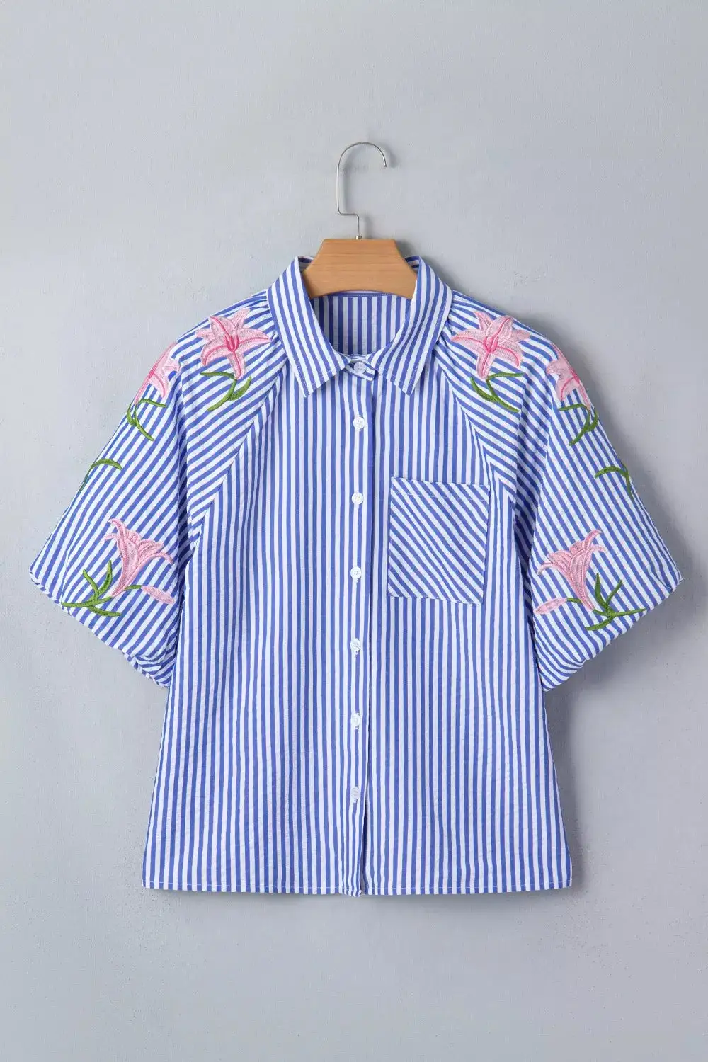 Striped Embroidered Puff Sleeve Button Down Shirt