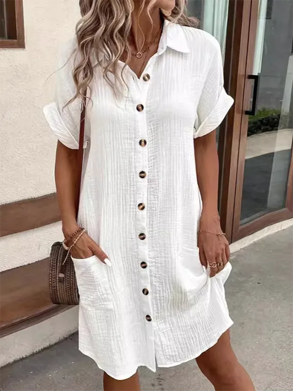 Relaxed Short Sleeve Buttoned Pocket Lapel Mini Dress