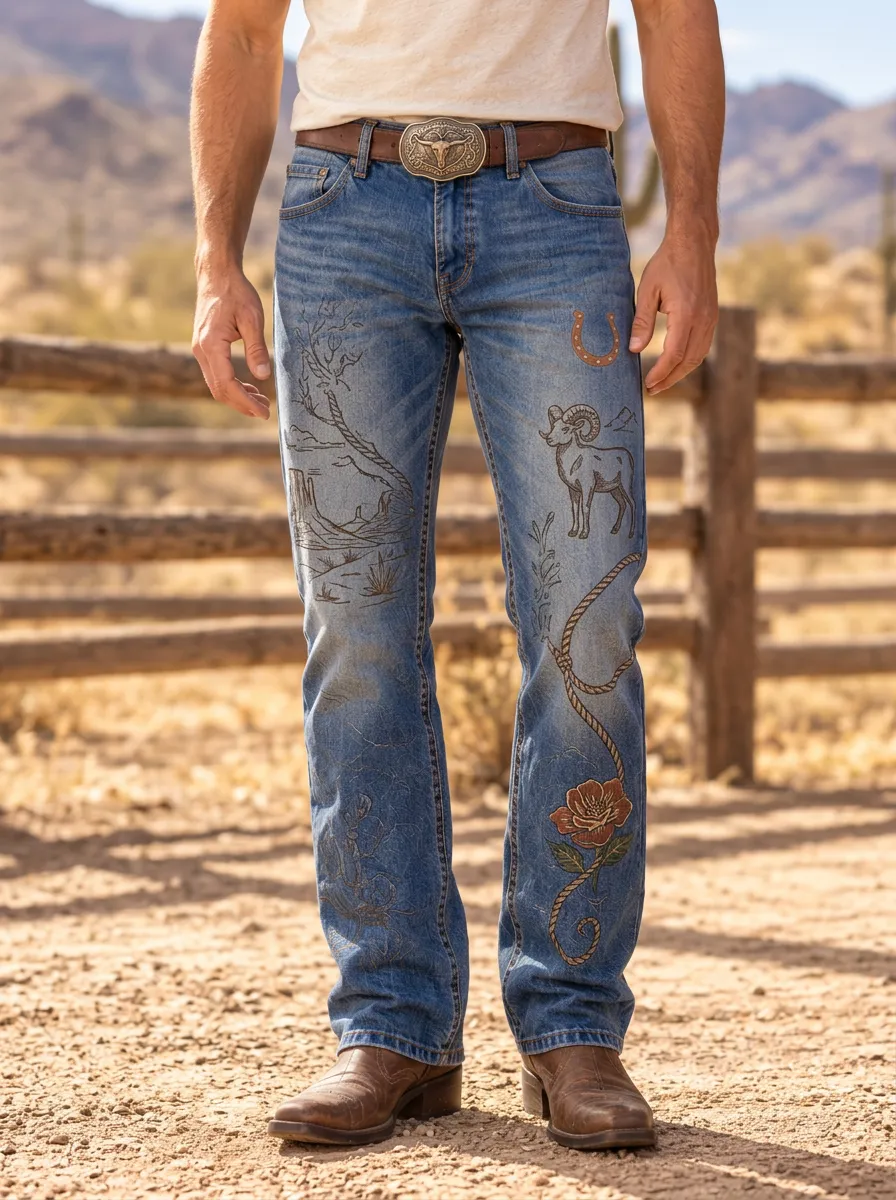 Men's Western Cowboy Horseshoe Horse Floral Jeans