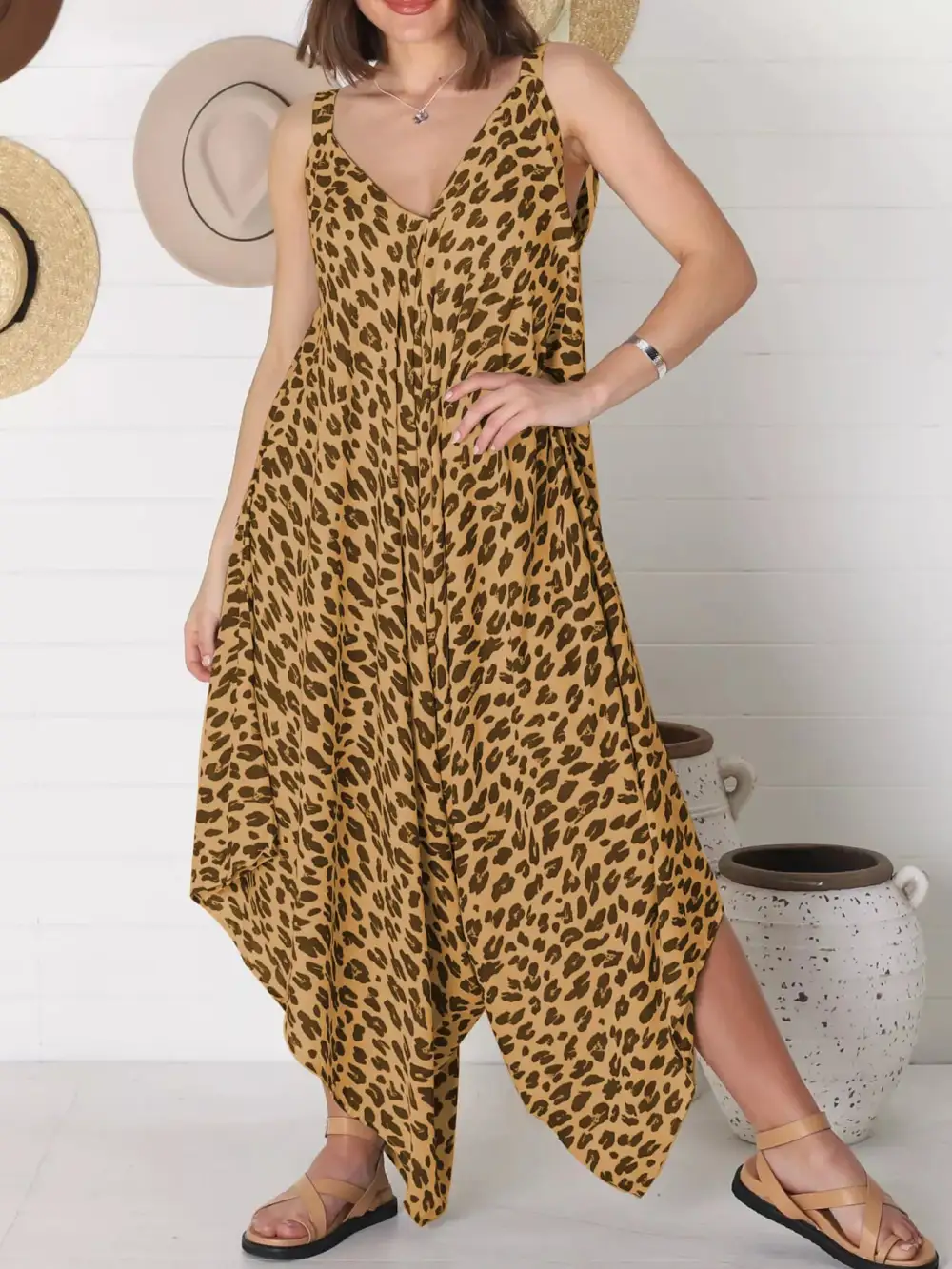 Plus Size Leopard Print V Neck Jumpsuit