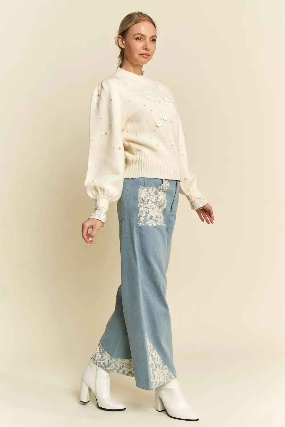 Lace Applique Wide Leg Denim Jeans