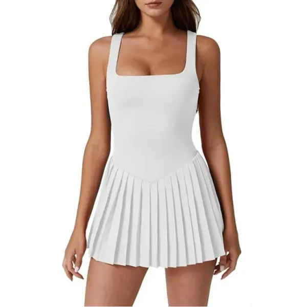 Women's Square Neck Tennis Dress with Built-in Shorts & Pockets – Pleated Sleeveless Golf Athletic Dress