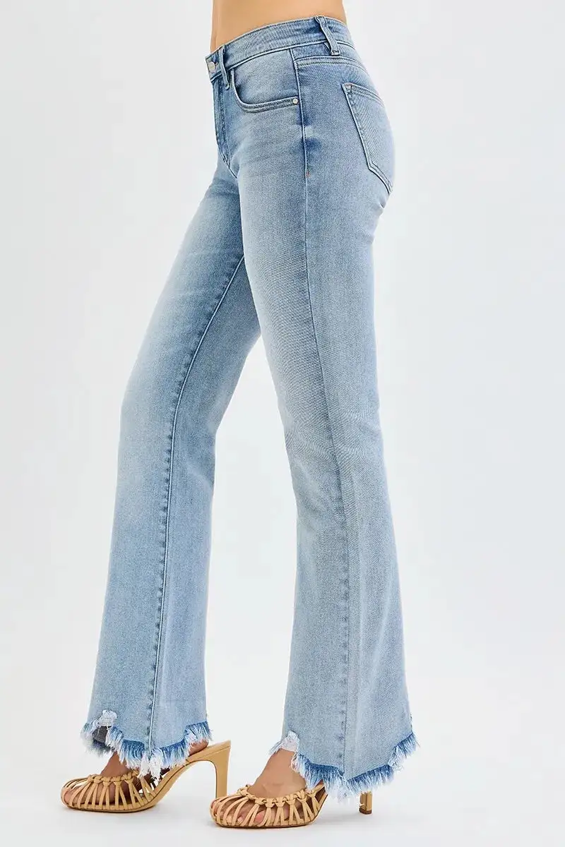 Mid Rise Frayed Flare Jeans