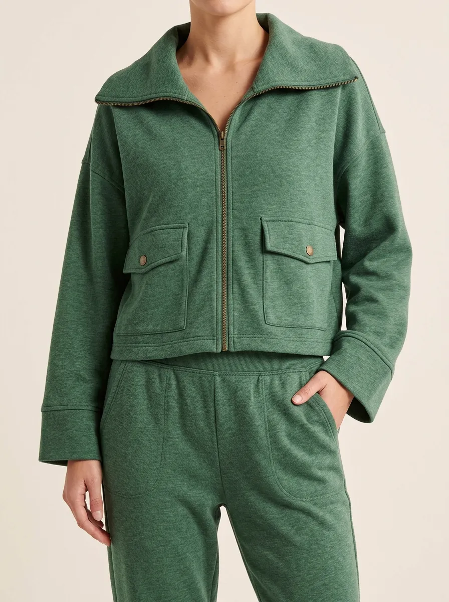Modern Zip Front Cropped Relaxed Fit Women's Long Sleeve Tracksuit Set