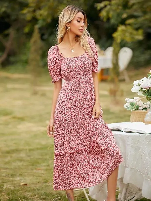 Women Square Neck Ditsy Floral Frill Trim Dress