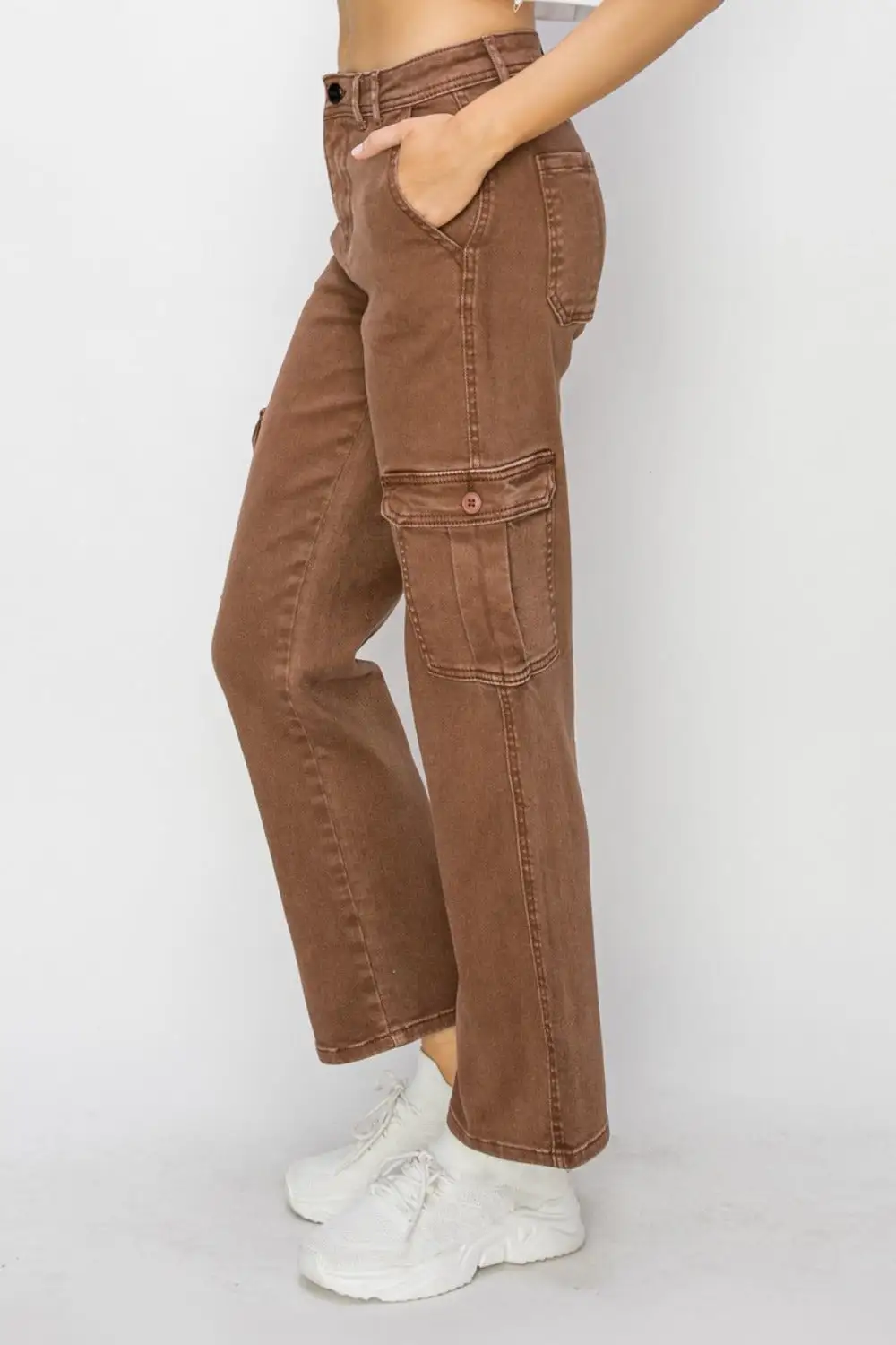 Textured High Waist Cargo Denim Jeans