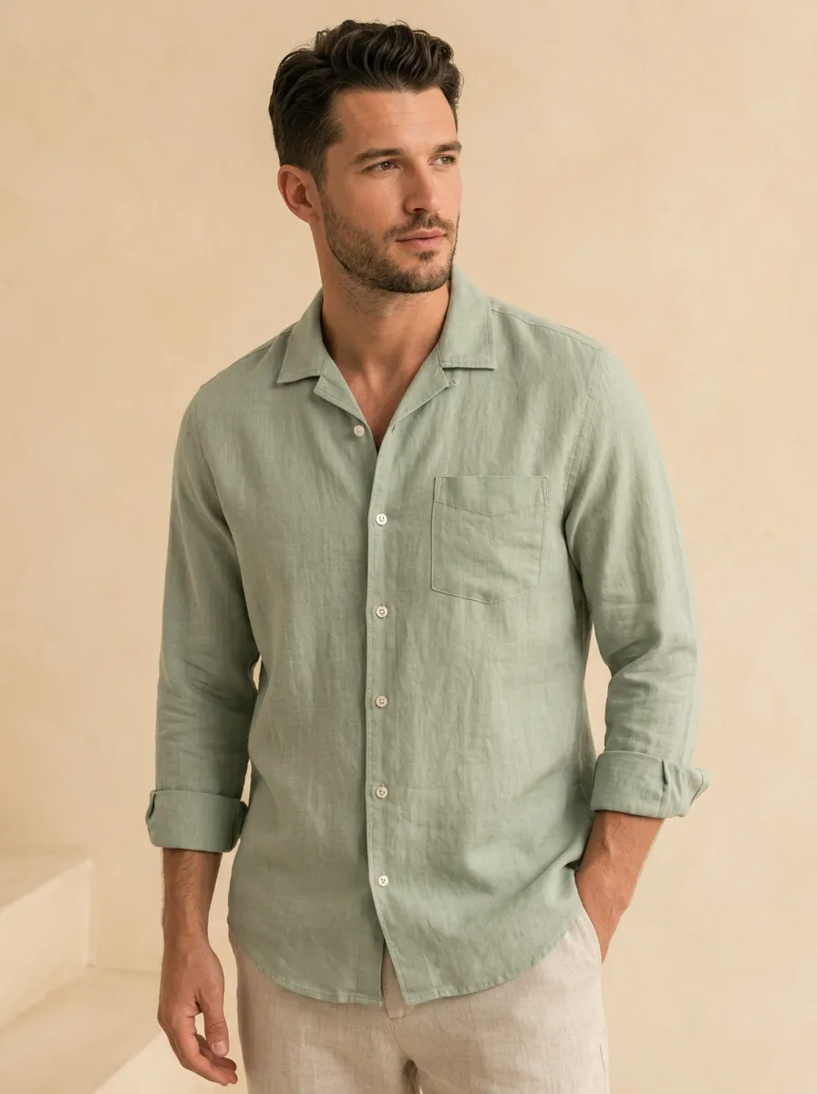 Men's Sage Green Camp Collar Long Sleeve Shirt
