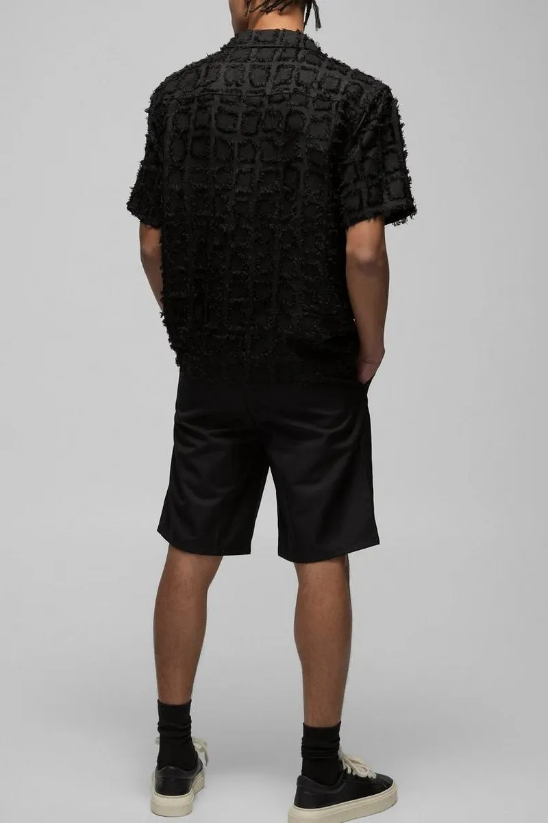 Oversized Tufted Texture Zip Up Black Shirt