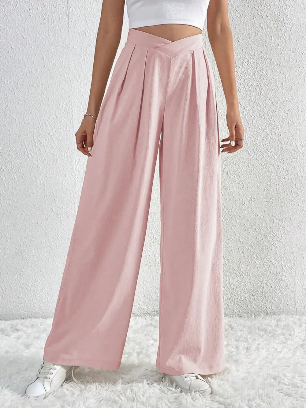 V Waisted Ruched Front Wide Leg Pants