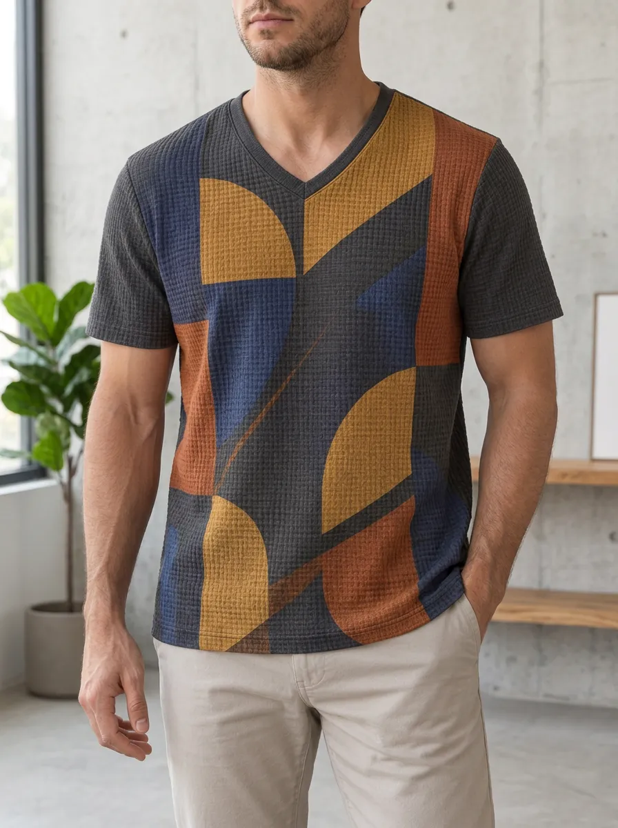 Men's Layered Geometric Abstract Pattern V-Neck T-Shirt