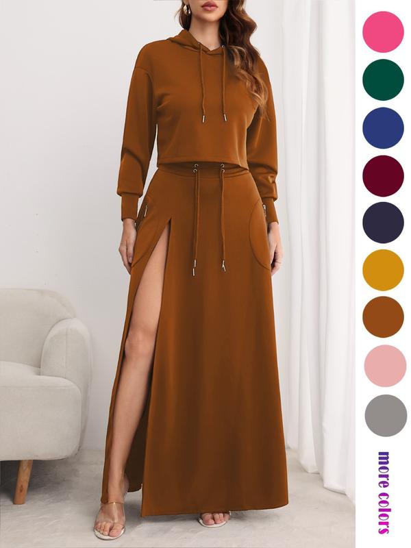 Women'S Solid Drawstring Hoodie & Split Thigh Skirt Set, Long Sleeve Top & Pocket Long Skirt, Casual Fashion Cozy Co-Ord Set, Women Clothes