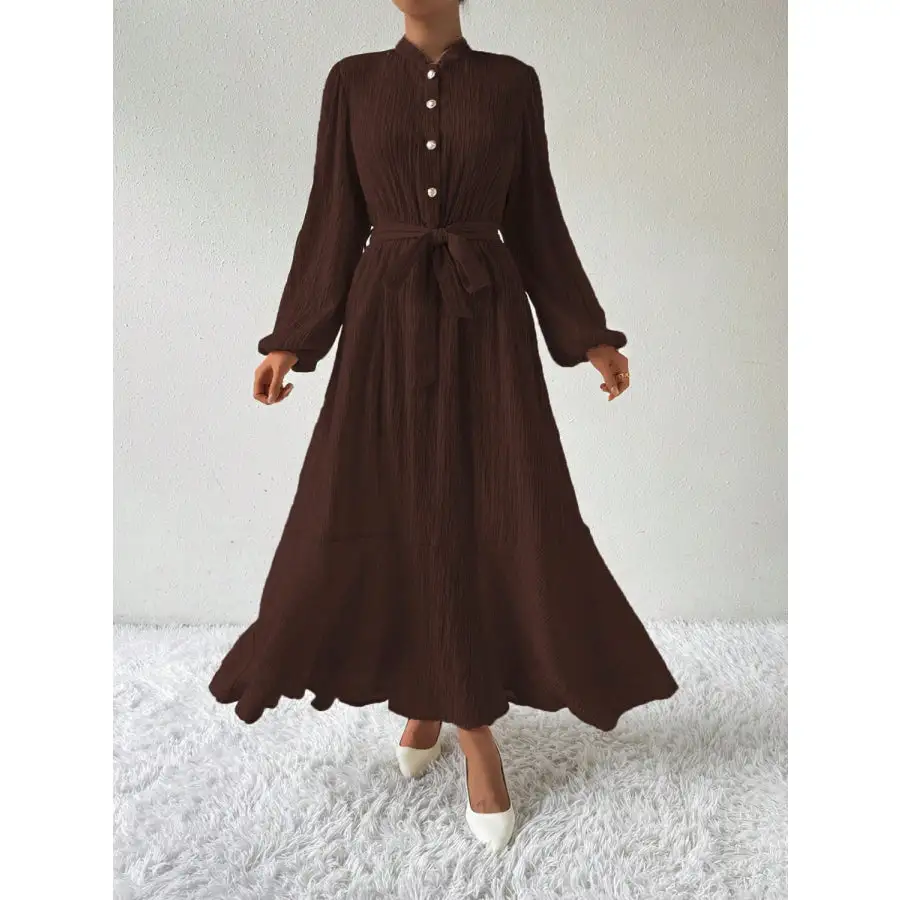 Half Button Tie Waist Long Sleeve Maxi Dress