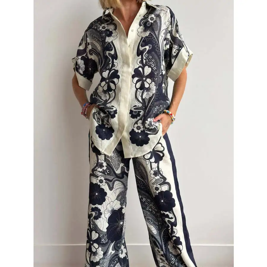 Flowing Printed Button Up Shirt and Pants Set