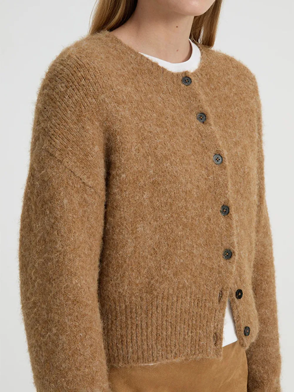 Casual Style Crew Neck Cardigan Camel