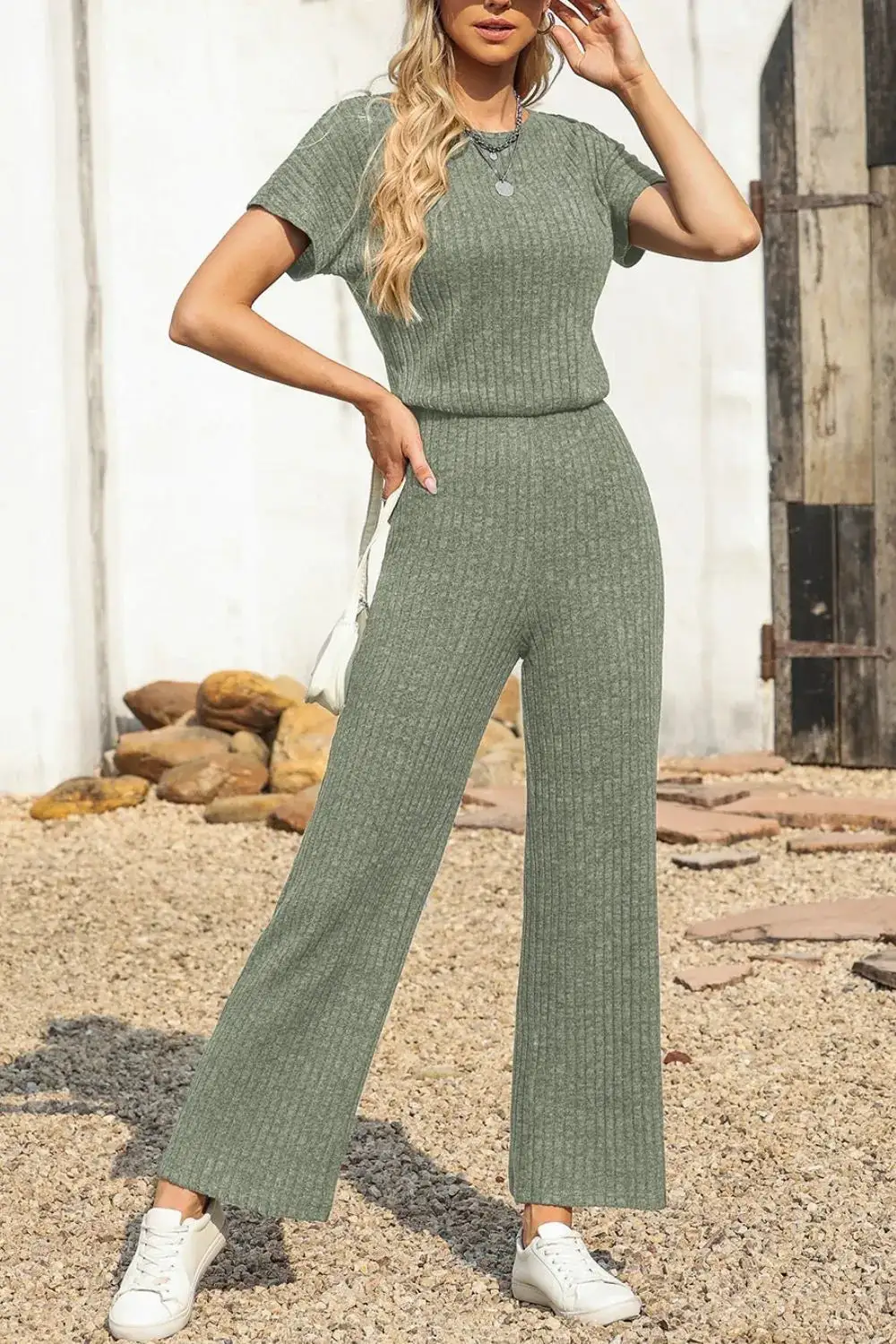 Ribbed Short Sleeve Wide Leg Jumpsuit Shorts