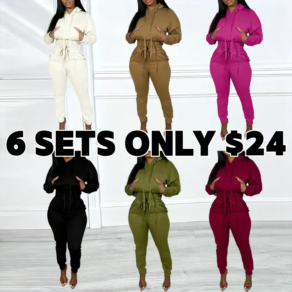 Women's Two-Piece Lounge Set with Hoodie and Shirred Waist Sweatpants Featuring Pocket Design