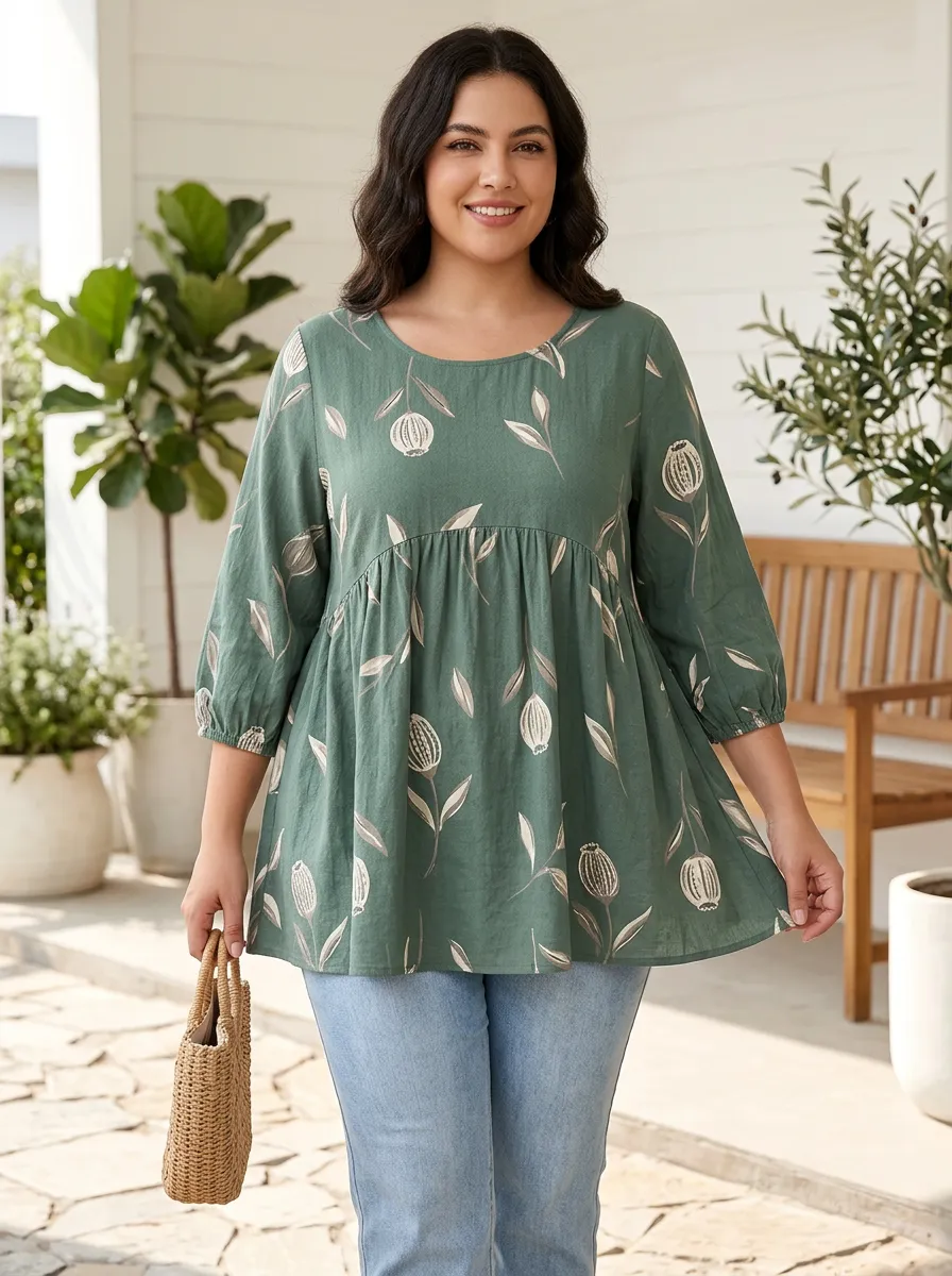 Women's Plus Size Floral Botanical Printed Peplum Blouse