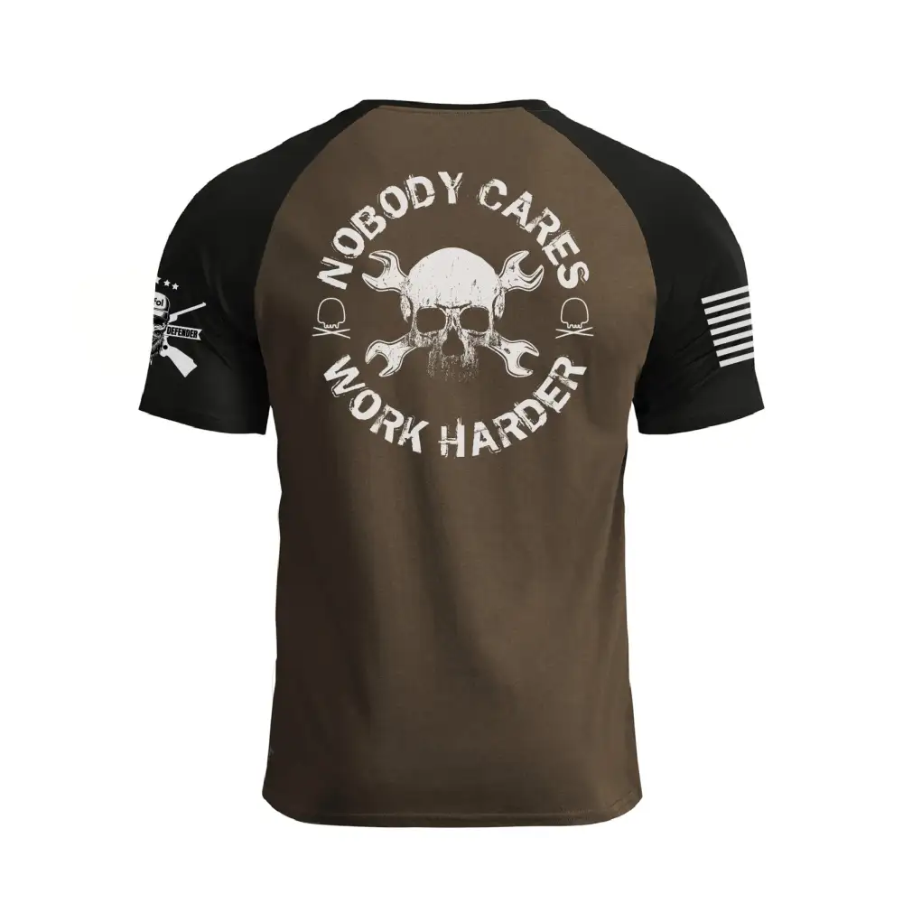 NOBODY CARES WORK HARDER 100% COTTON RAGLAN GRAPHIC TEE