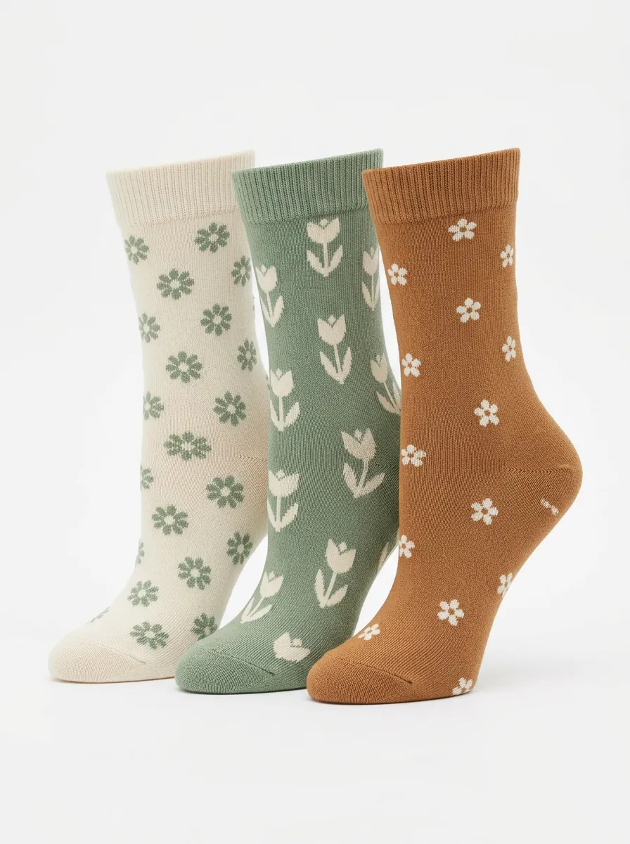 Coordinated Daisy Tulip Floral Three Pair Sock Set