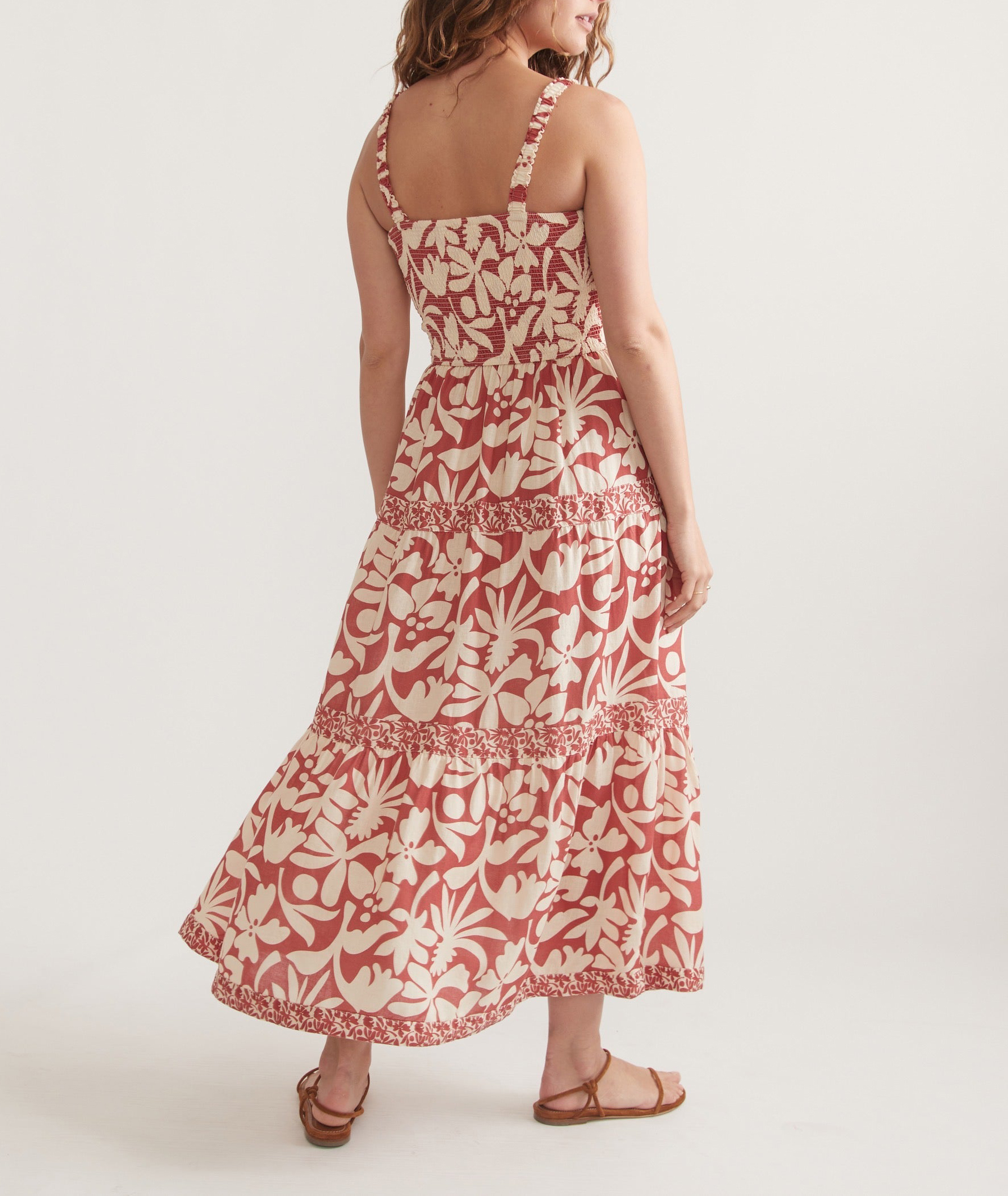 Auburn Leaf Print Tiered Maxi Dress