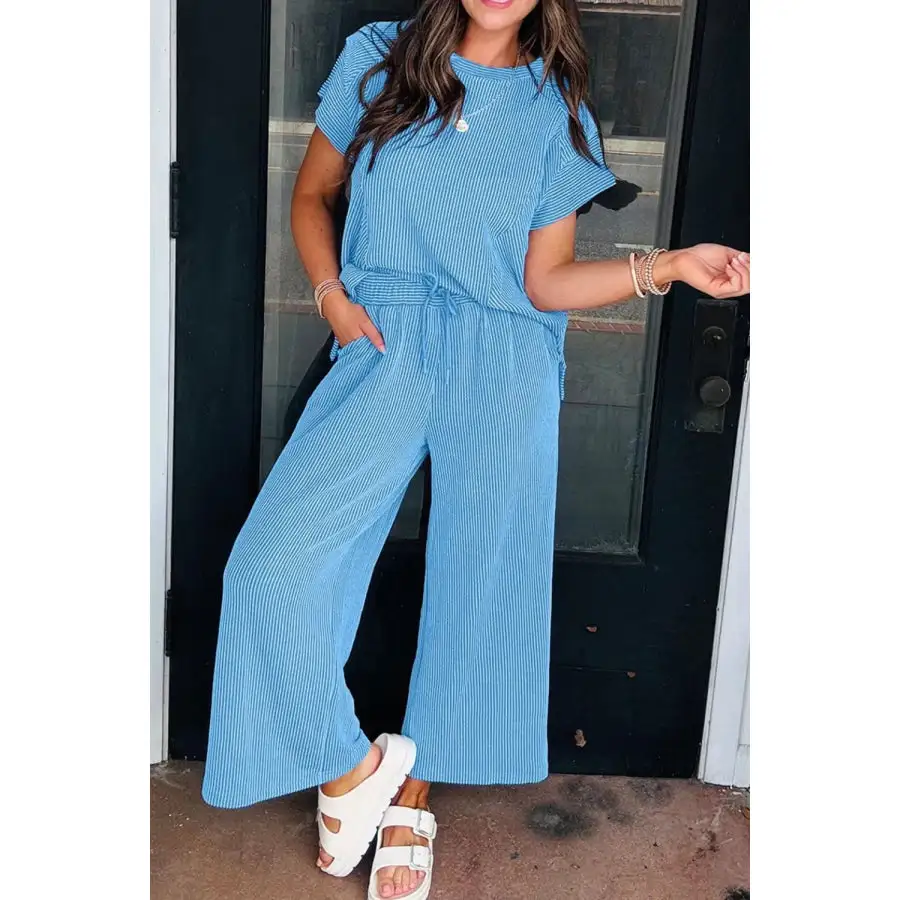 Ribbed Knit Round Neck Top and Pants Casual Set