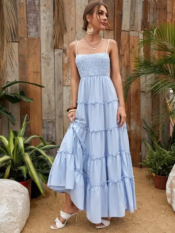 Women Shirred Detail Frill Layered Hem Cami Dress
