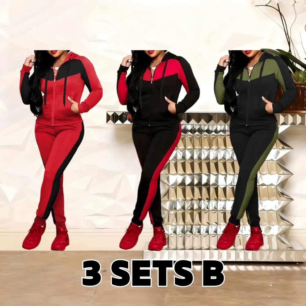 Two-Piece Set Women's Colorblock Zip Up Hoodie & Pocket Pants