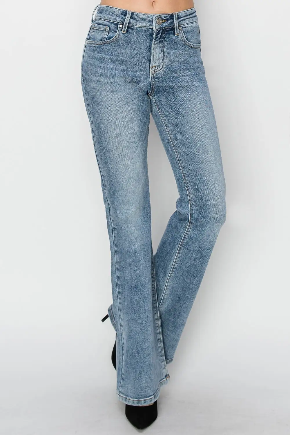 Pocketed Mid Rise Flare Leg Denim Jeans
