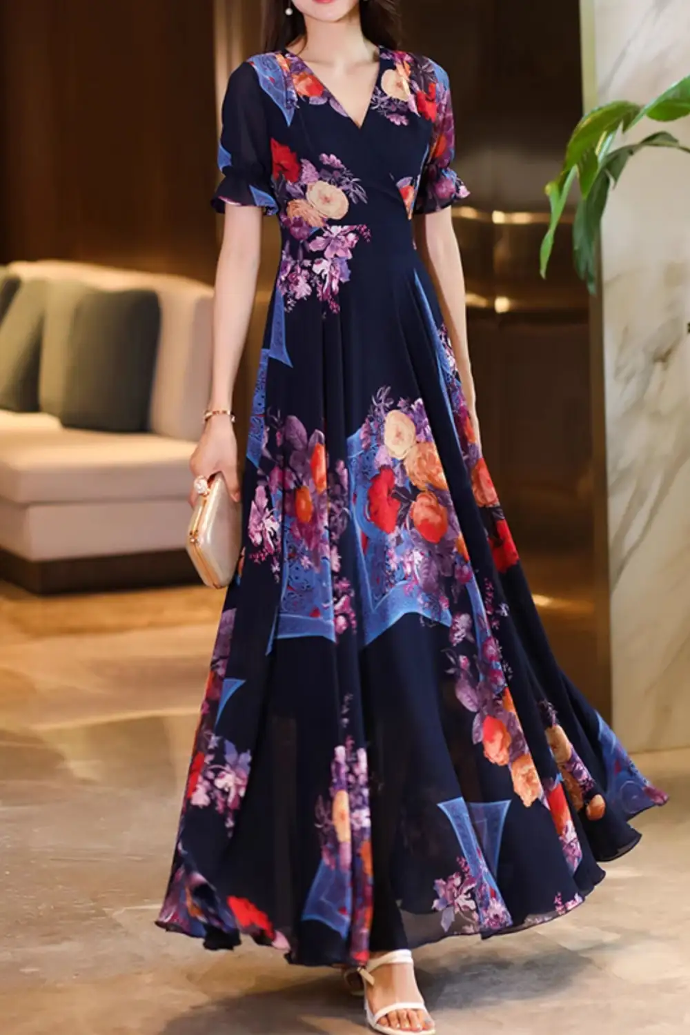 Refined Floral Chiffon Ruffle V Neck Short Sleeve Maxi Dress