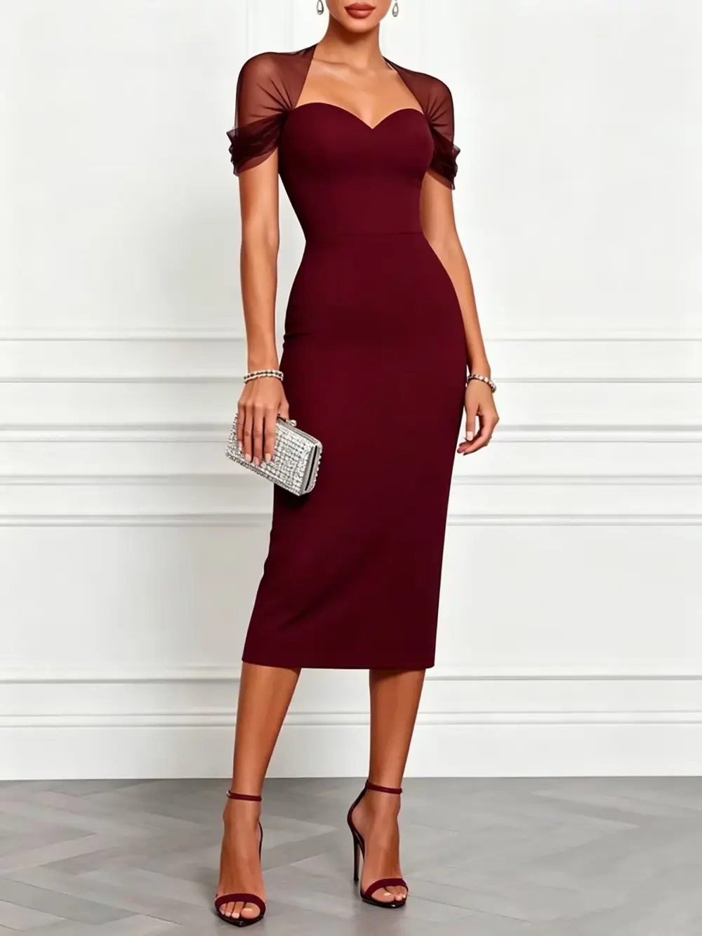 Elegant Sweetheart Neck Mesh Sleeve Fitted Midi Dress