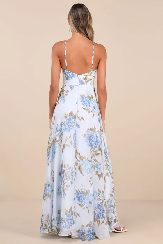 Romantic Marvel Navy Floral Print Halter Neck Maxi Dress