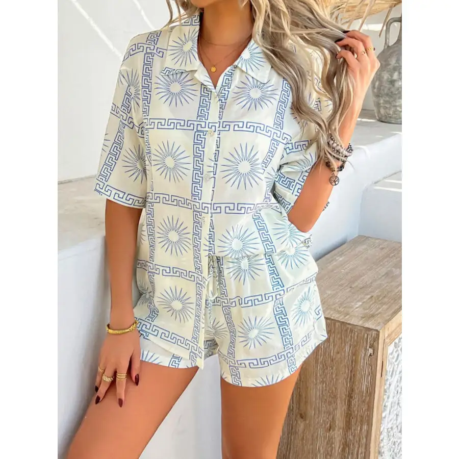Printed Collared Neck Half Sleeve Top and Shorts Set