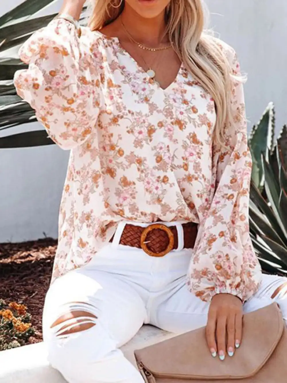 Floral Print V Neck Long Sleeve Blouse