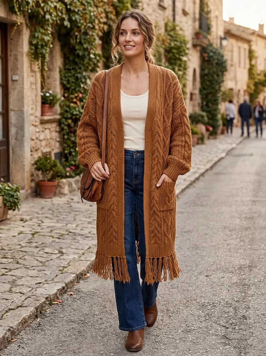 Fringe-Trim Button-Front Cable Knit Long Cardigan
