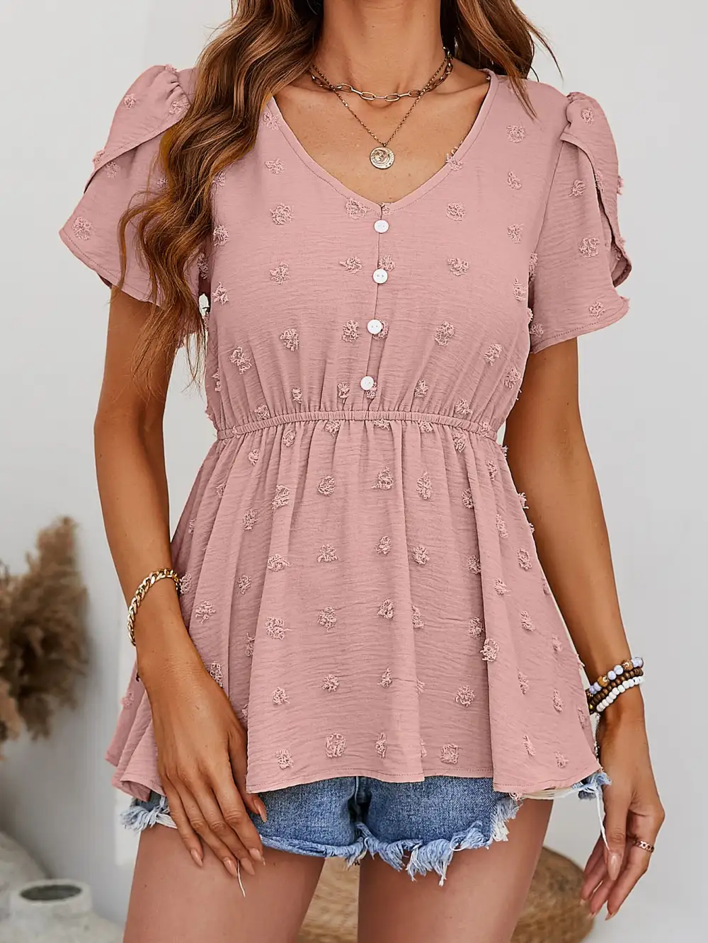 Button Front Swiss Dot Blouse