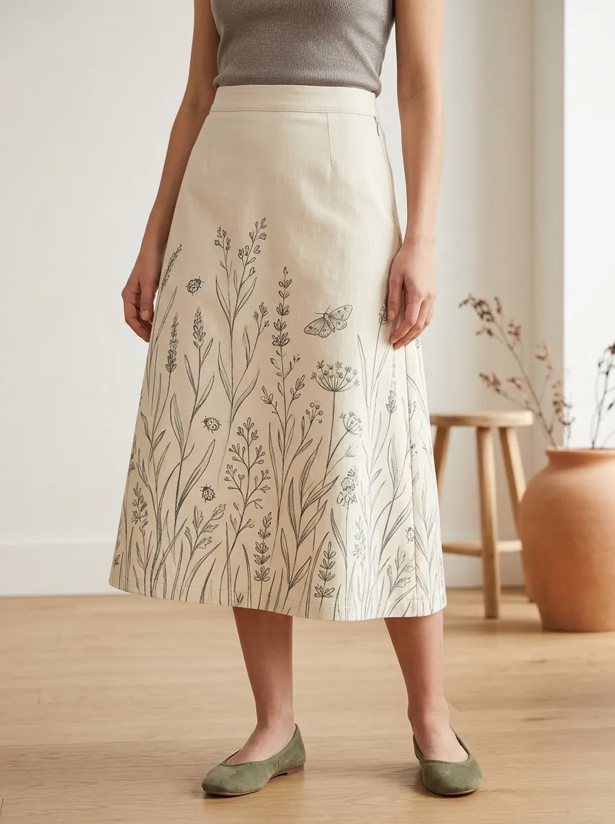 Women's Nature Lover Wildflower Butterfly Printed Midi Skirt