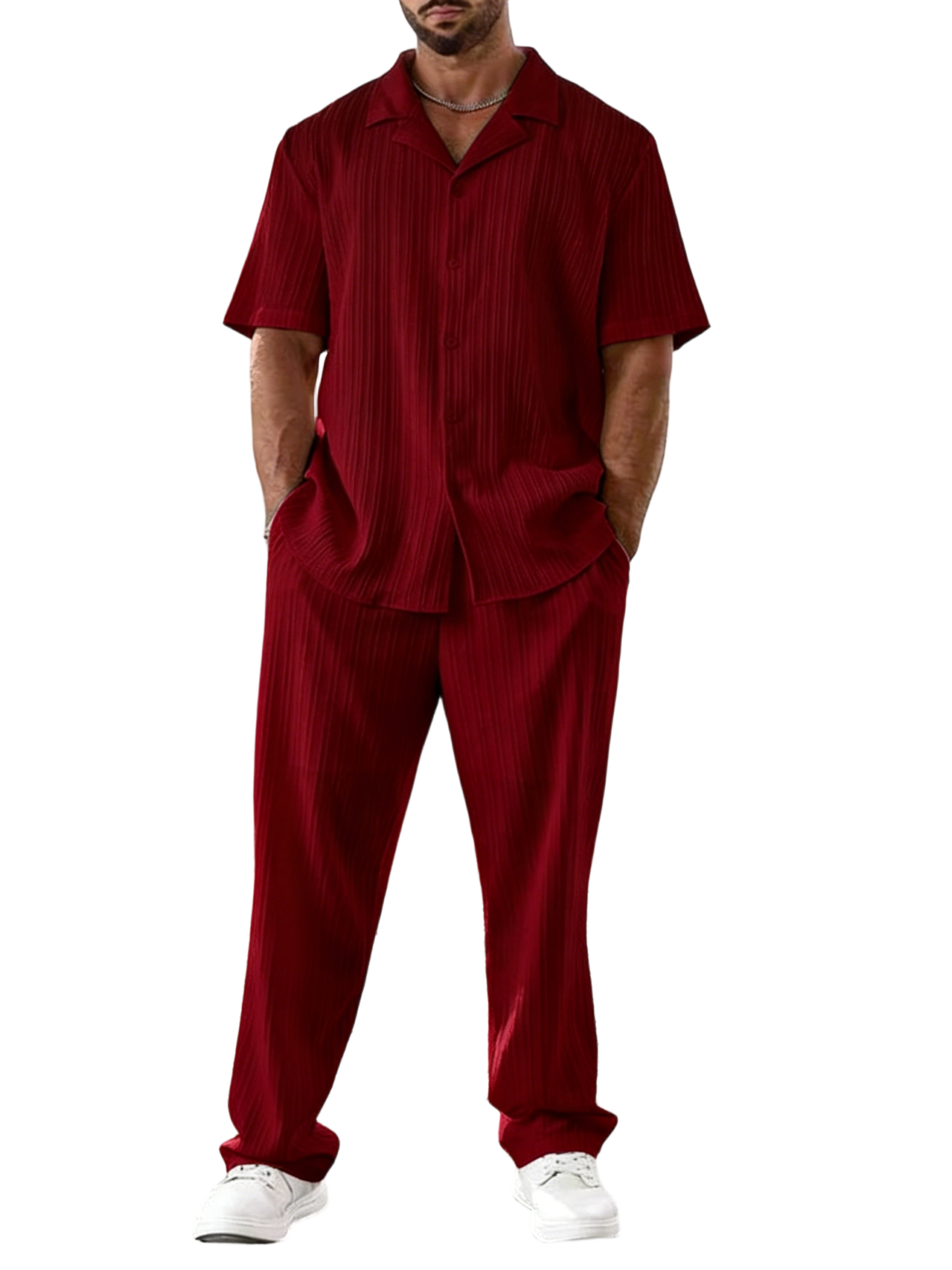 Men's Two-piece Suit Shirt and Elastic Waist Pants Set