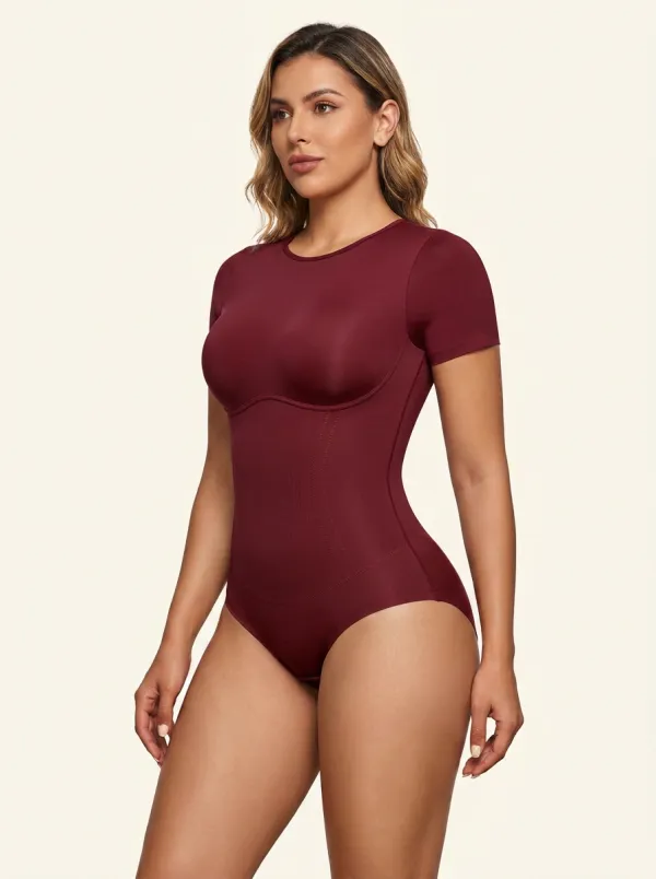 Women's Burgundy Short Sleeve Tummy Control Bodysuit Shapewear