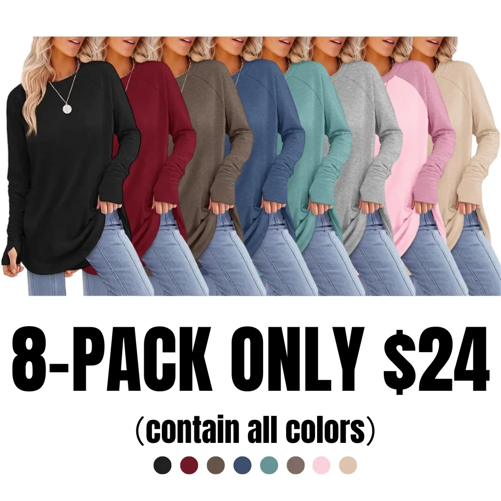 Womens Tunic Tops to Wear with Leggings Long Sleeve Thumb Hole Shirts Crew Neck Curved Hem